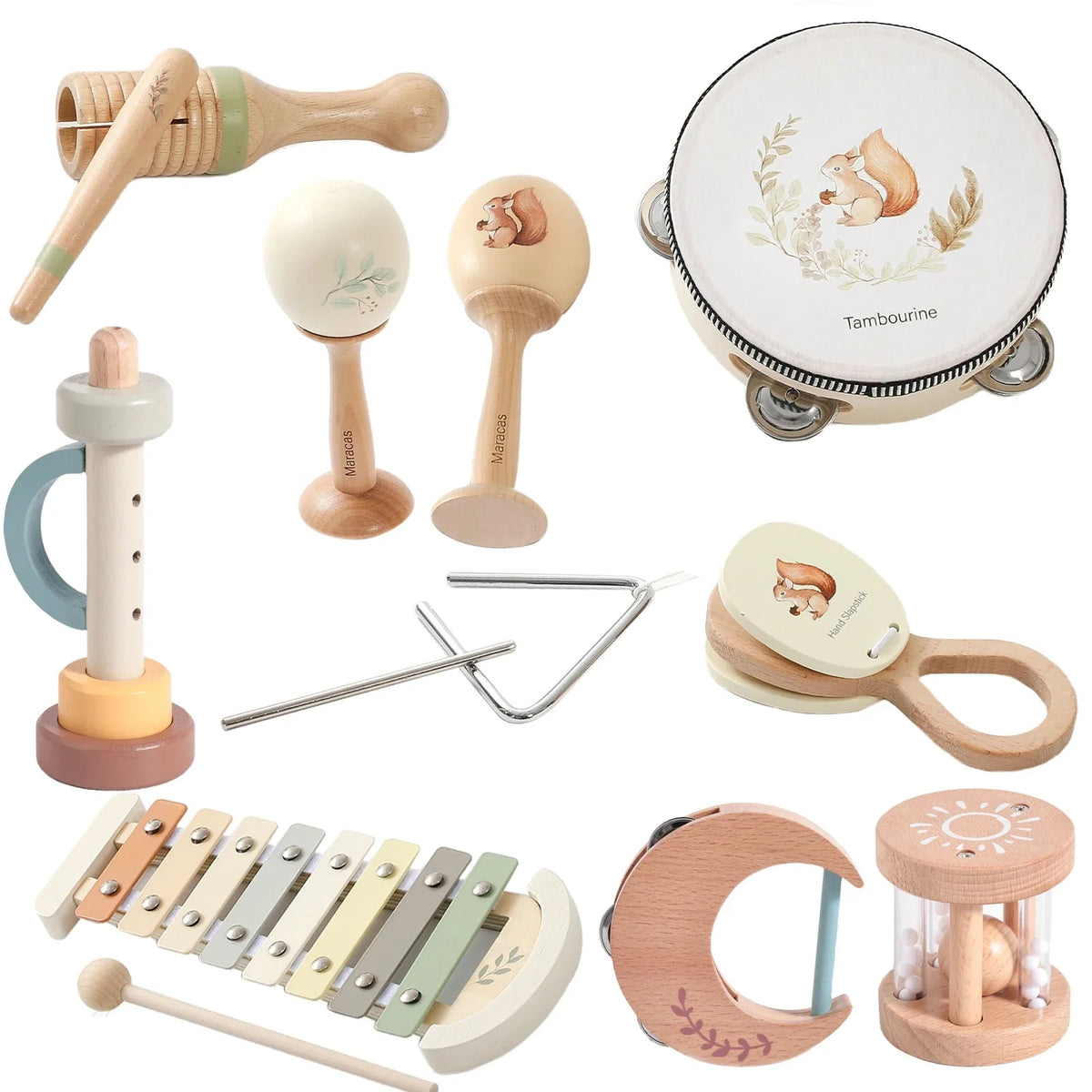 Montessori Baby Musical Instruments – Wooden Drum, Xylophone, Maracas, Trumpet & More | 0–12 Months | Early Education | Baby Shower Gift
