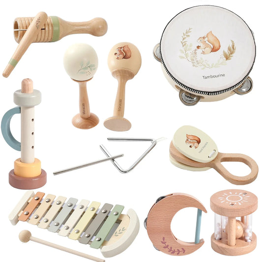 Montessori Baby Musical Instruments – Wooden Drum, Xylophone, Maracas, Trumpet & More | 0–12 Months | Early Education | Baby Shower Gift