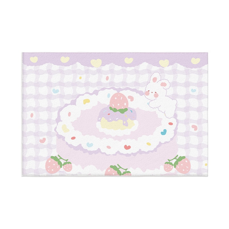 Pastel plush area rug with bunny and pink cake in a soft oval center, on light lavender