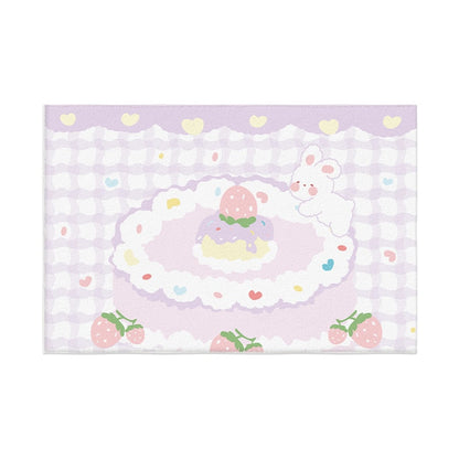 Pastel plush area rug with bunny and pink cake in a soft oval center, on light lavender