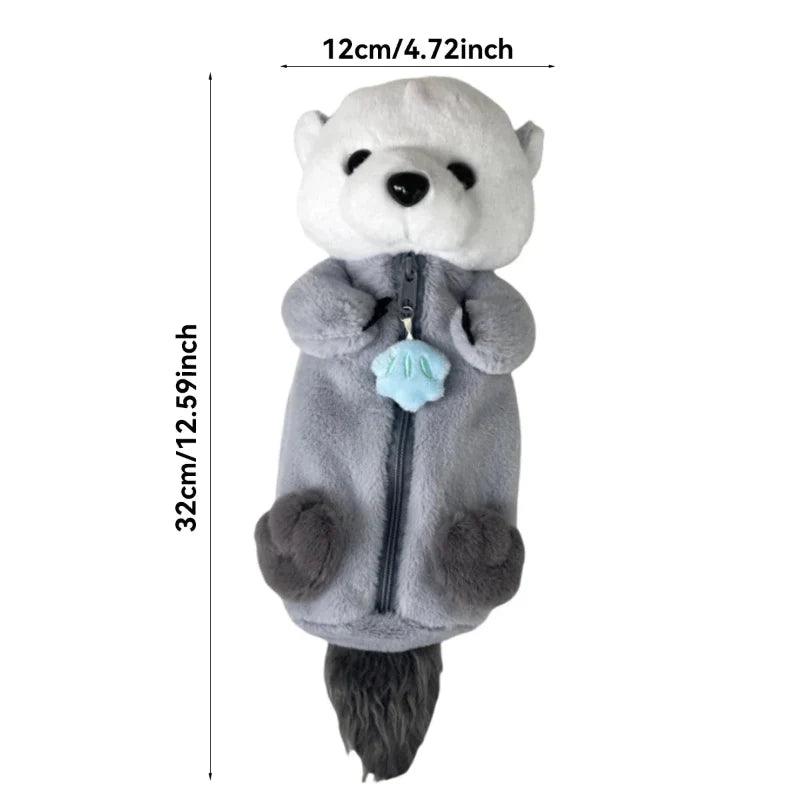 Small otter plush pencil case, gray and white with black nose and front zipper