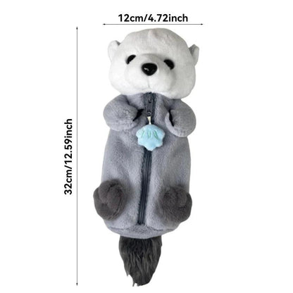 Small otter plush pencil case, gray and white with black nose and front zipper