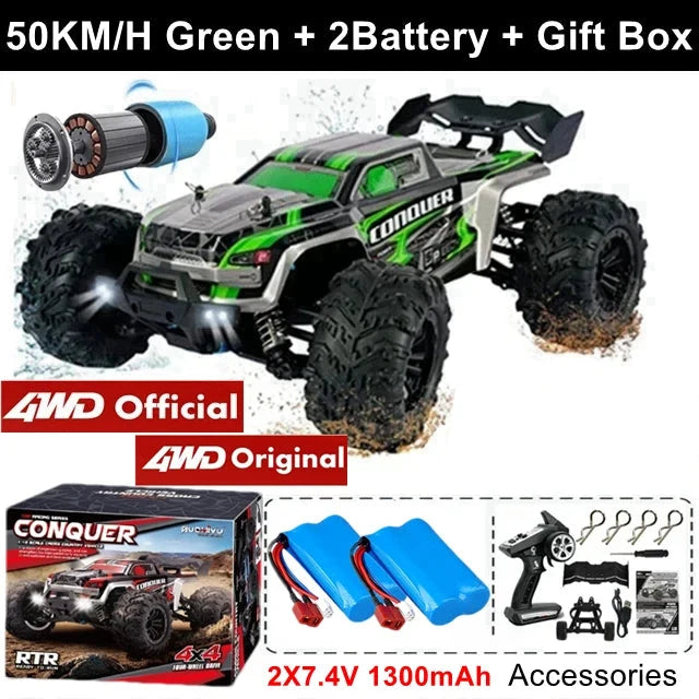 Green and black 1:16 4x4 RC off-road truck with chunky tires and light bar