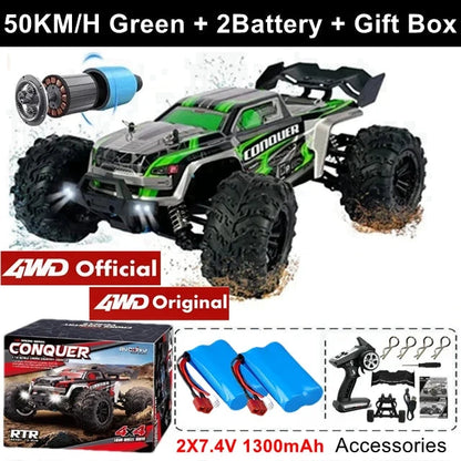 Green and black 1:16 4x4 RC off-road truck with chunky tires and light bar