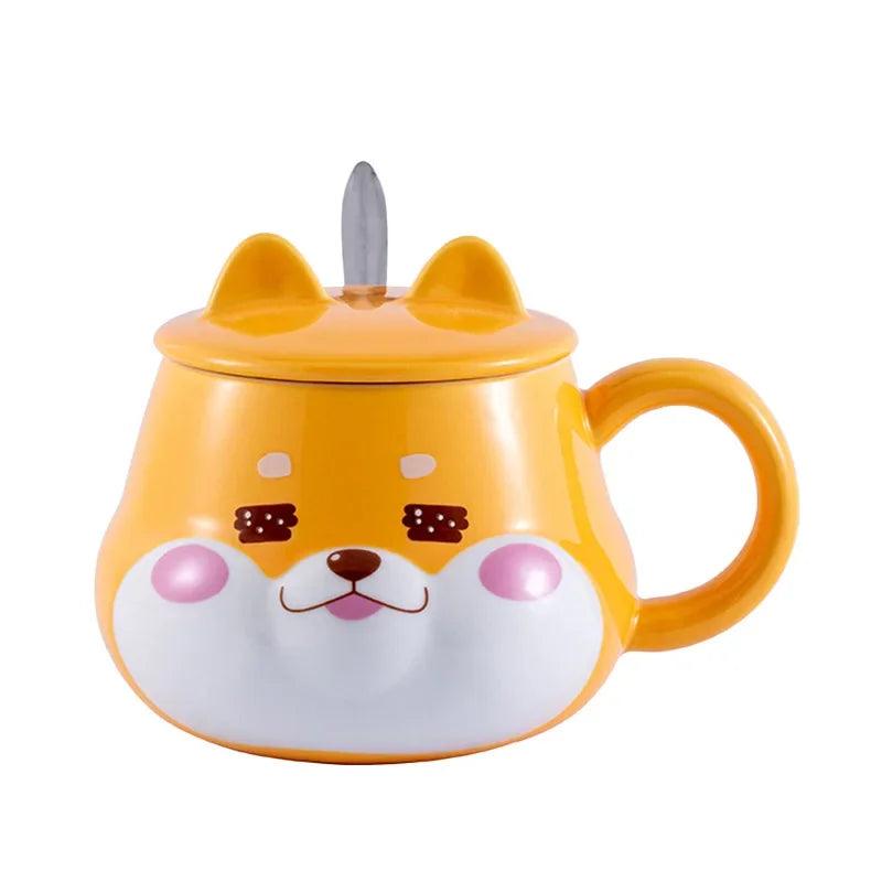 Yellow Shiba Inu mug with lid, pink cheeks and brown nose cartoon face front.