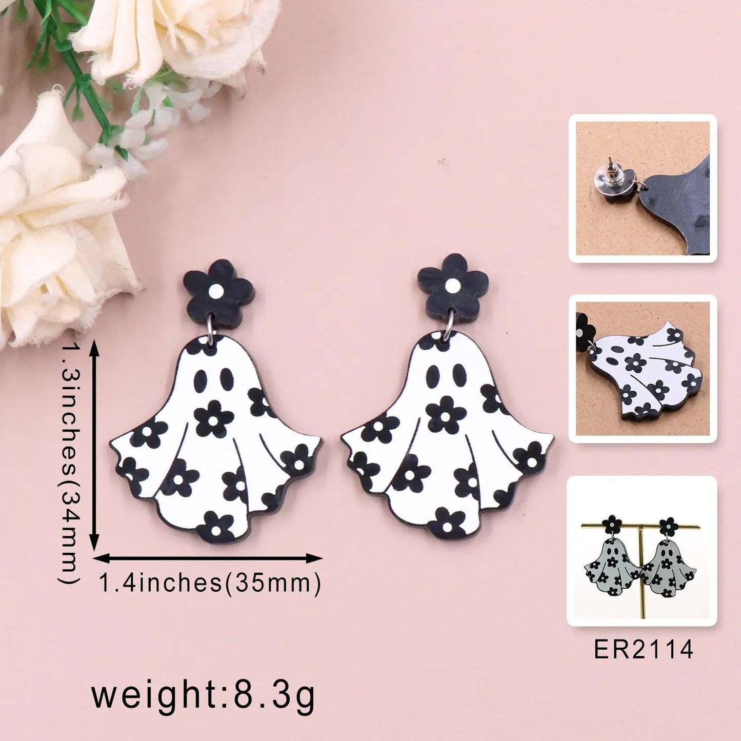 Ghost dangle earrings with black flower tops and white floral ghost charms, size shown