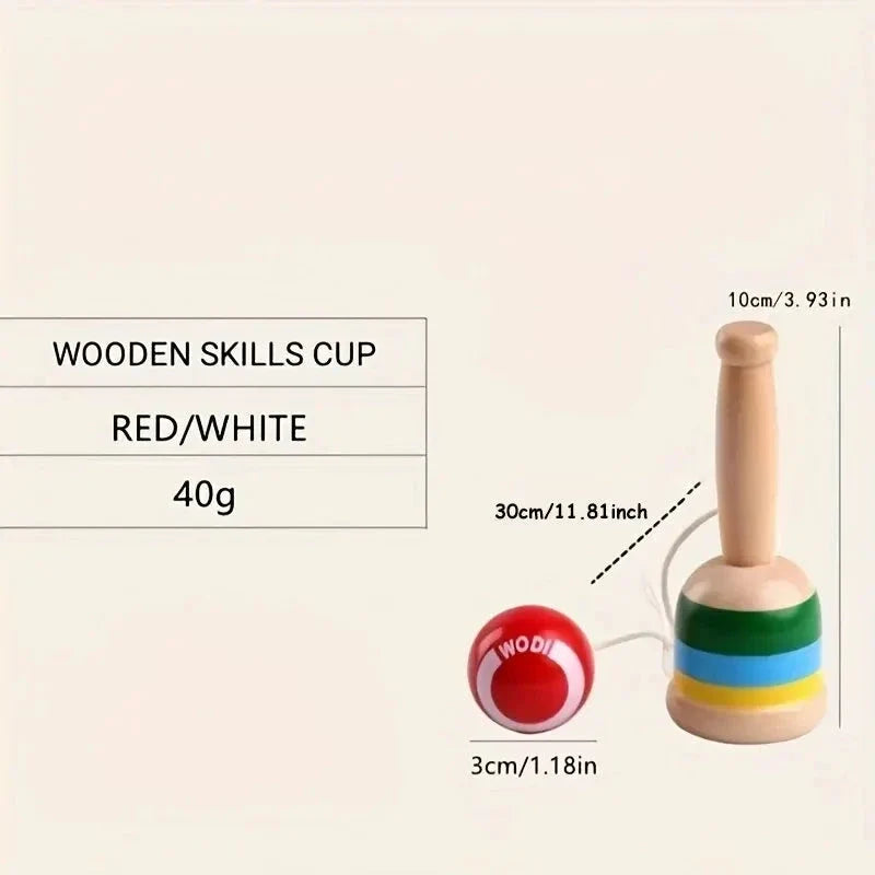 Wooden skill cup toy with striped cup and red-and-white ball on string