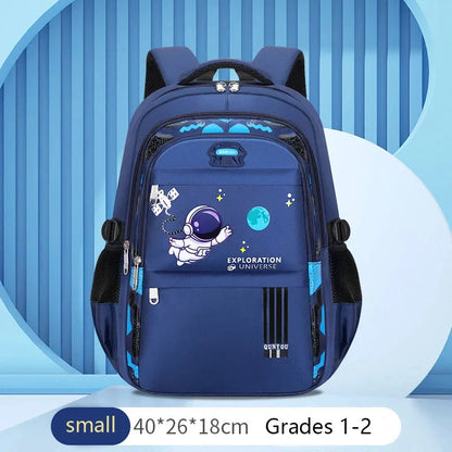 Kids small navy astronaut backpack with teal bottom, astronaut graphic, front zip pocket