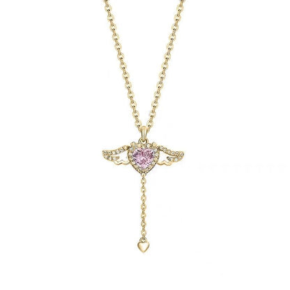 Pink crystal heart angel wings pendant necklace, gold-tone chain with heart drop