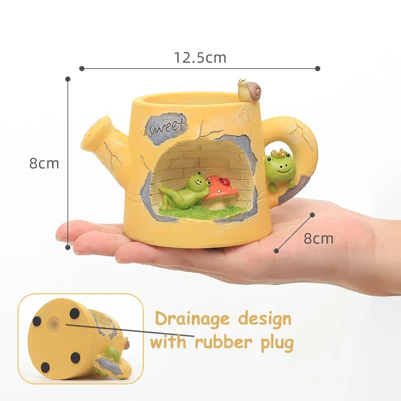 Yellow resin watering can plant holder with frog garden scene, size diagram