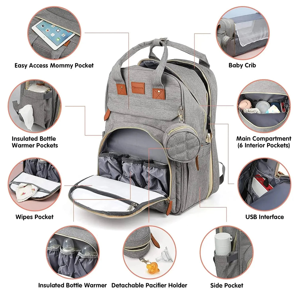 Gray diaper bag backpack with foldable baby bed and insulated bottle warmer pockets.