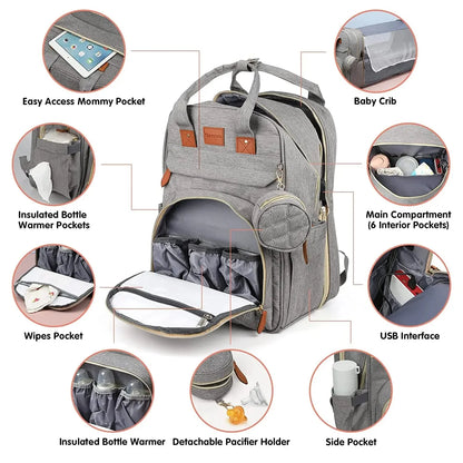 Gray diaper bag backpack with foldable baby bed and insulated bottle warmer pockets.