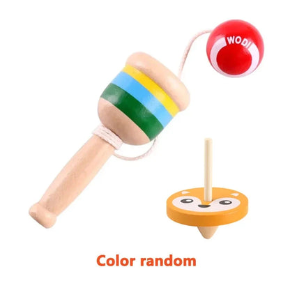 Wooden skill cup toy with striped cup and red ball on string with cartoon base