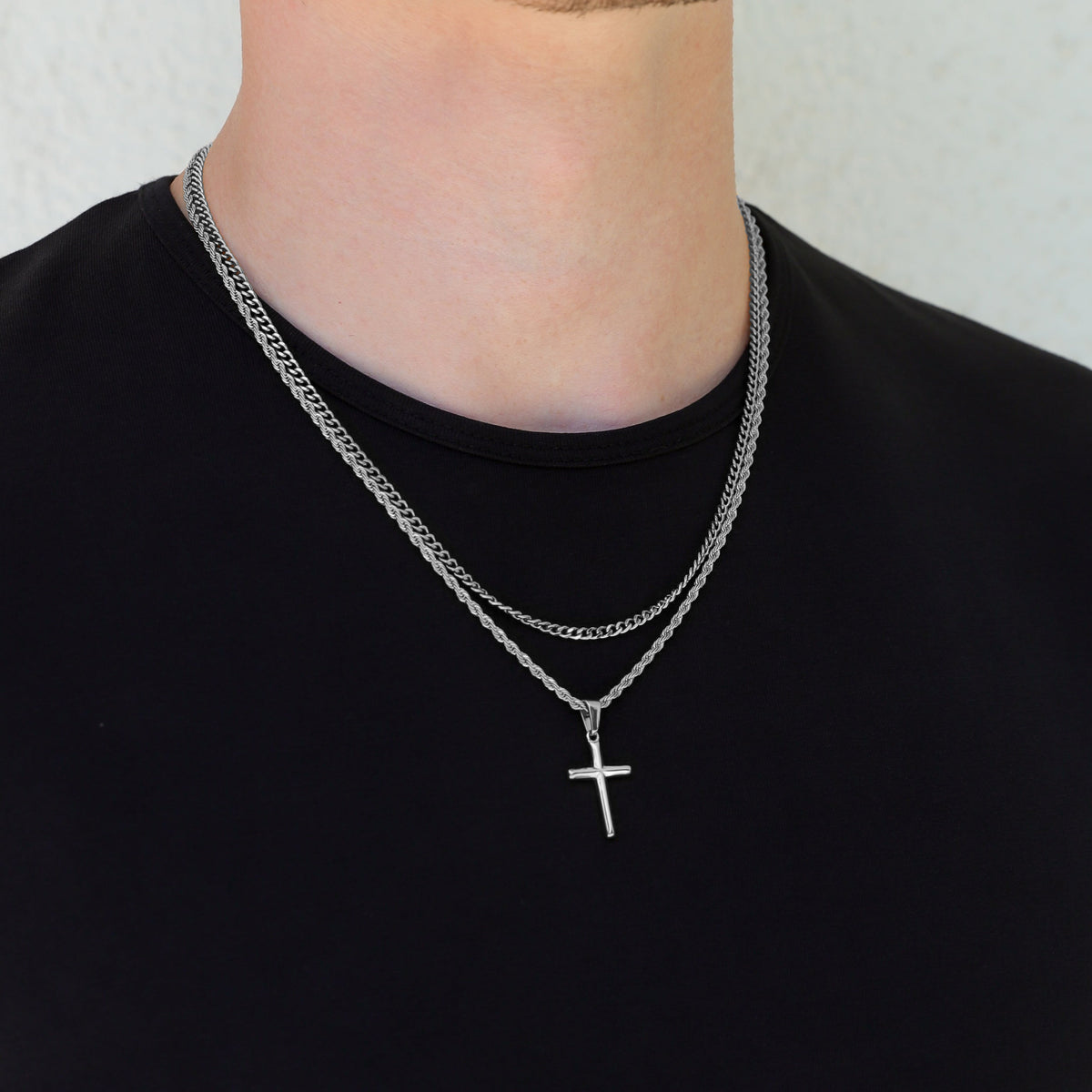 Silver small cross necklace set with two layered chains and cross pendant