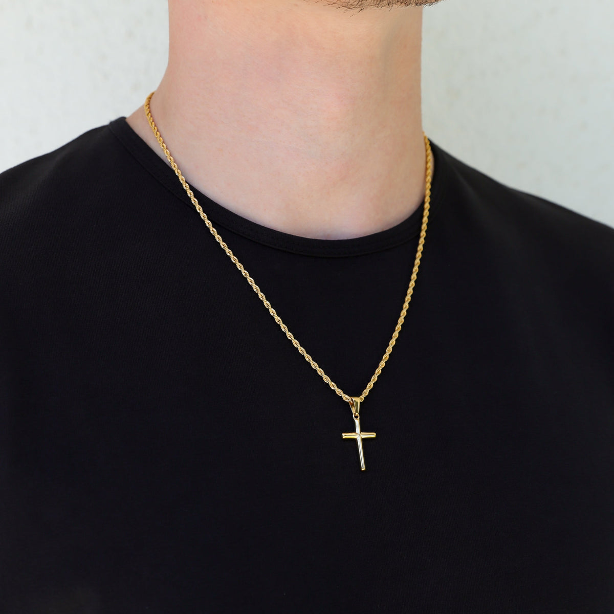 Gold small cross pendant necklace set with two layered chains