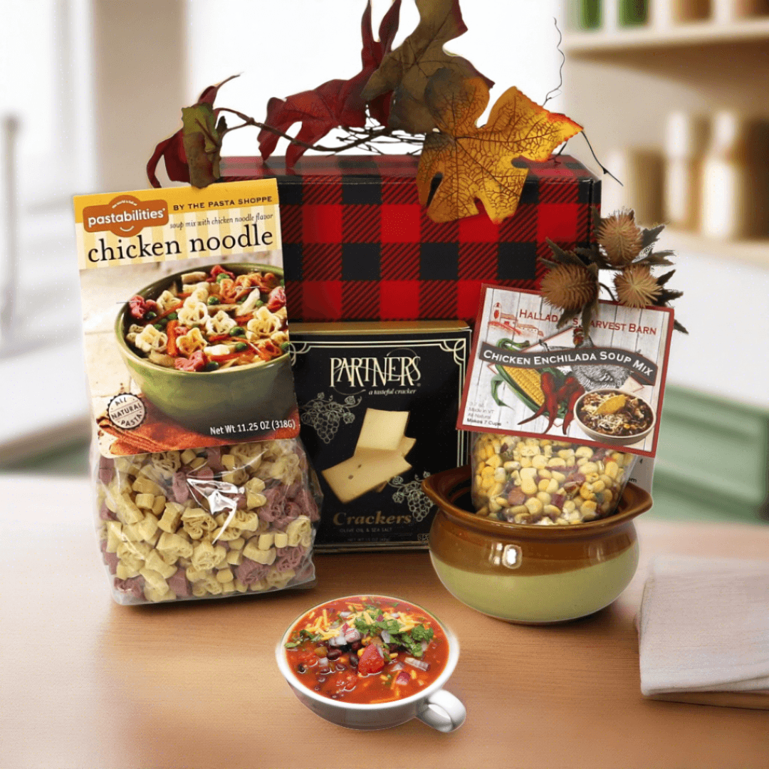 Soup gift box with red-and-black plaid wrap, soup mix, chicken noodle packet, and crackers