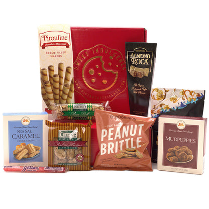 Sweet Indulgence gift box with assorted candy and snack packages in a red basket.