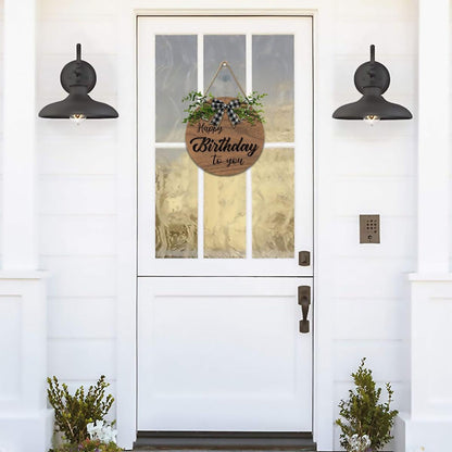 Happy Birthday to you hanging wooden door sign with plaid bow and green leaf accents