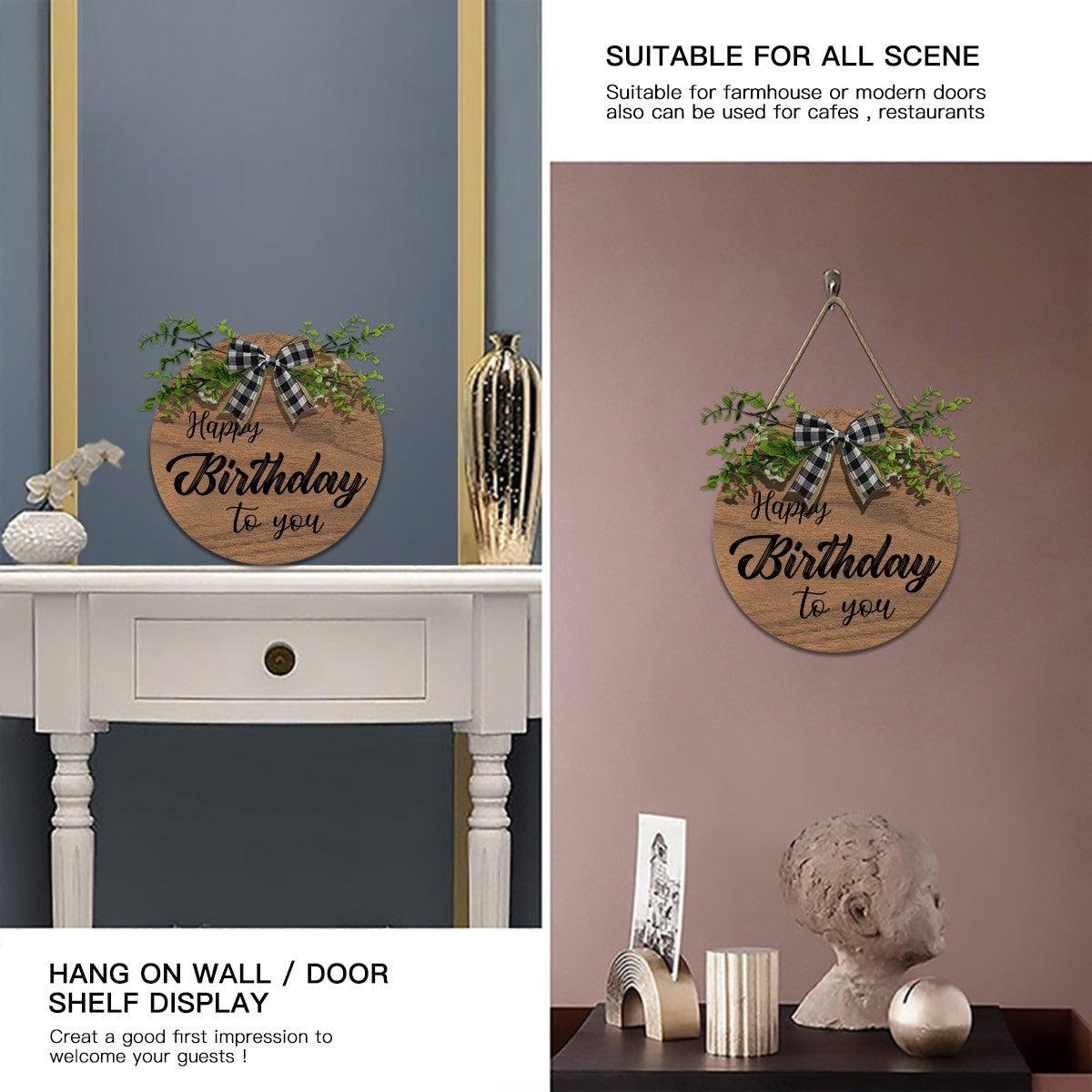 Happy Birthday to you wooden wall sign with plaid bow and greenery, rope hanger