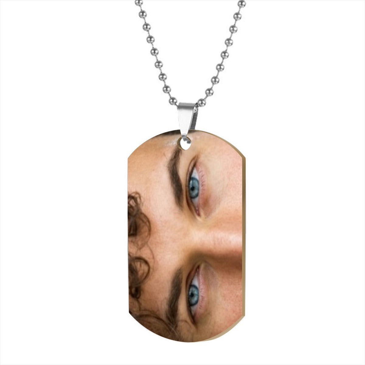Custom eye photo pendant necklace with silver chain, oval photo of blue eyes