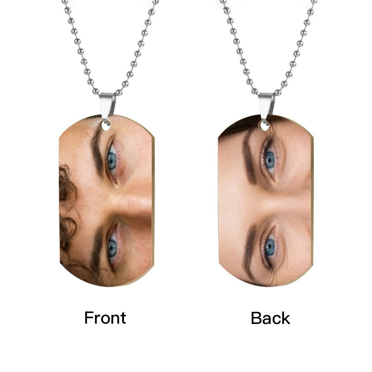 Double-sided eye photo pendant necklace with silver chain, front and back views