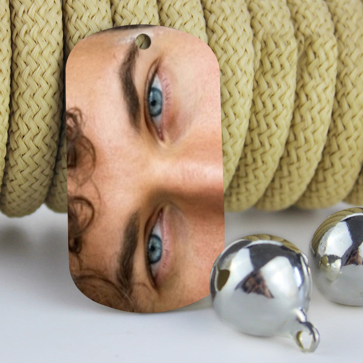 Double-sided eye photo pendant with silver chain, oval pendant and metal end pieces