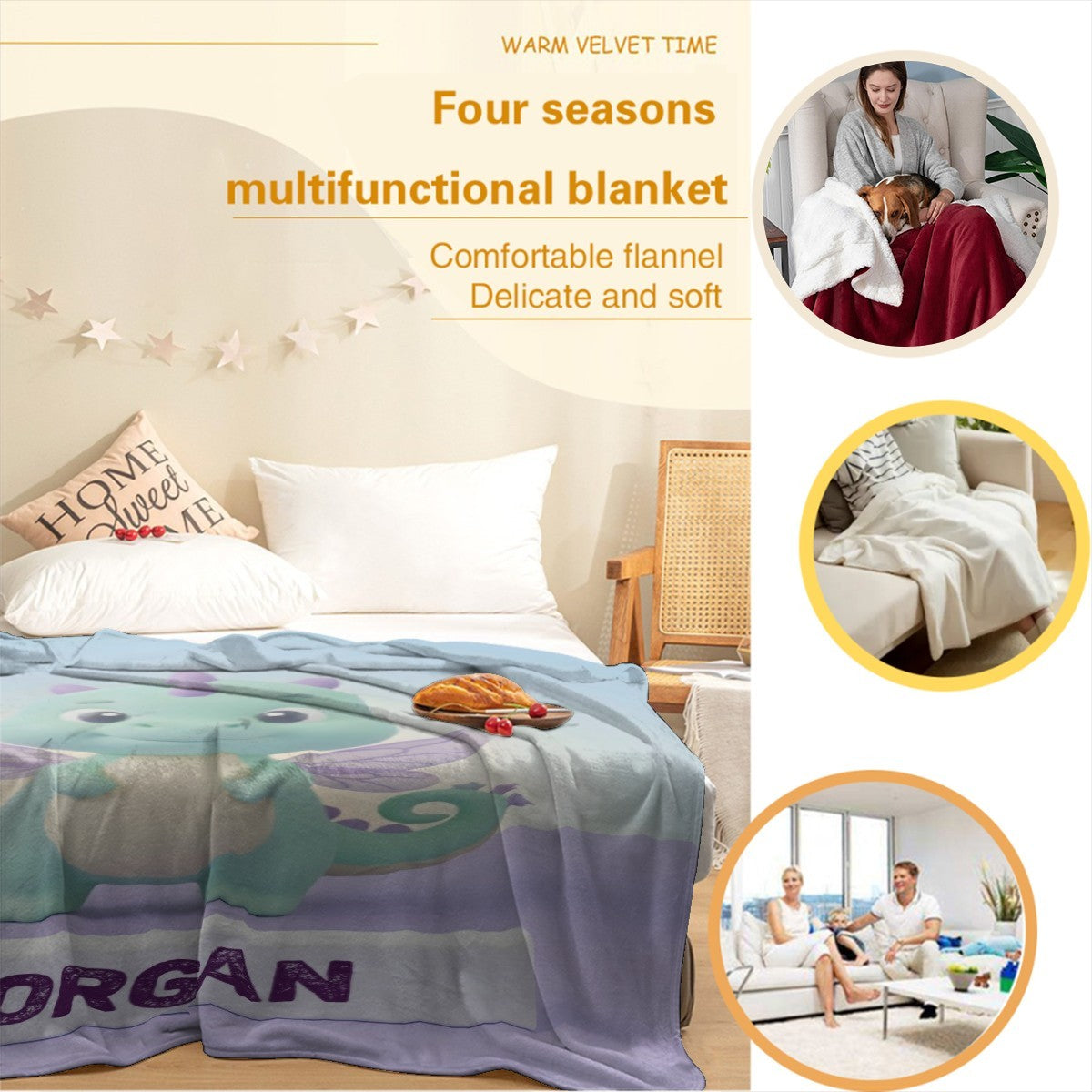 Flannel blanket with dragon graphic and purple “MORGAN” label in a bed setting