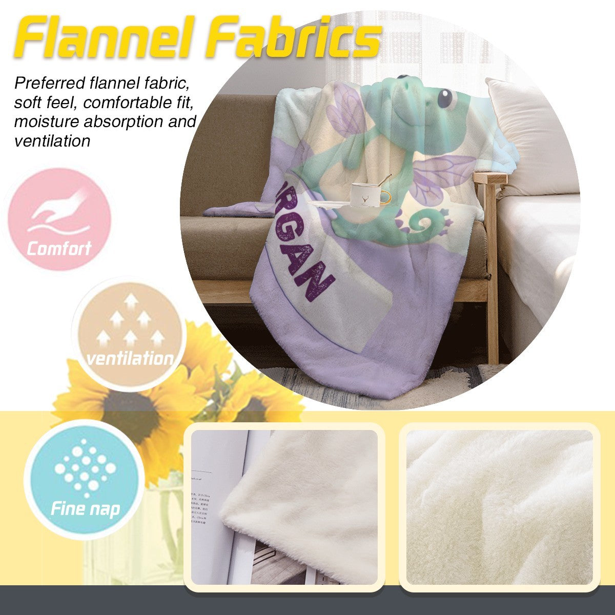 Flannel blanket featuring dragon design with purple panel and “MORGAN” lettering