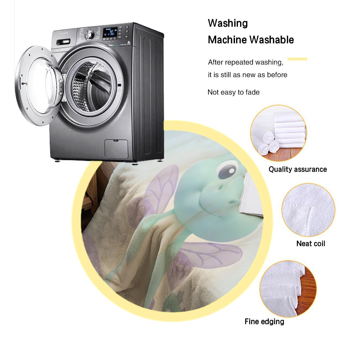 Throw blanket with dragon print and “MORGAN” stripe shown with washing machine graphic