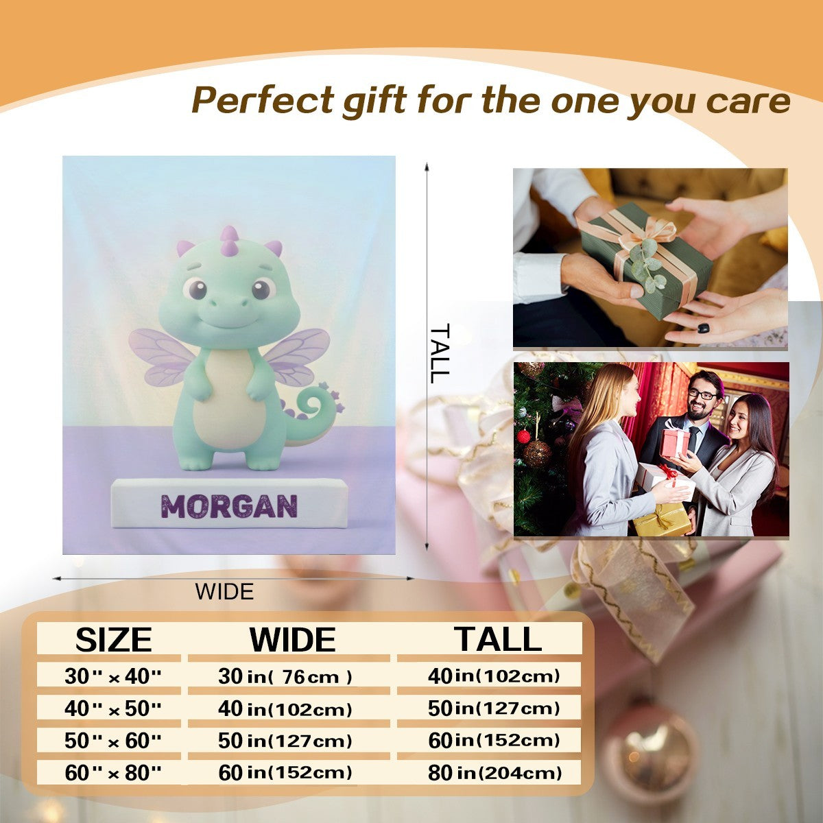 Dragon graphic blanket with “MORGAN” label shown with size chart layout