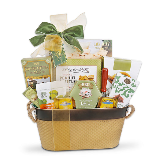 Gourmet gift basket front view with green ribbon, snack and cheese packs
