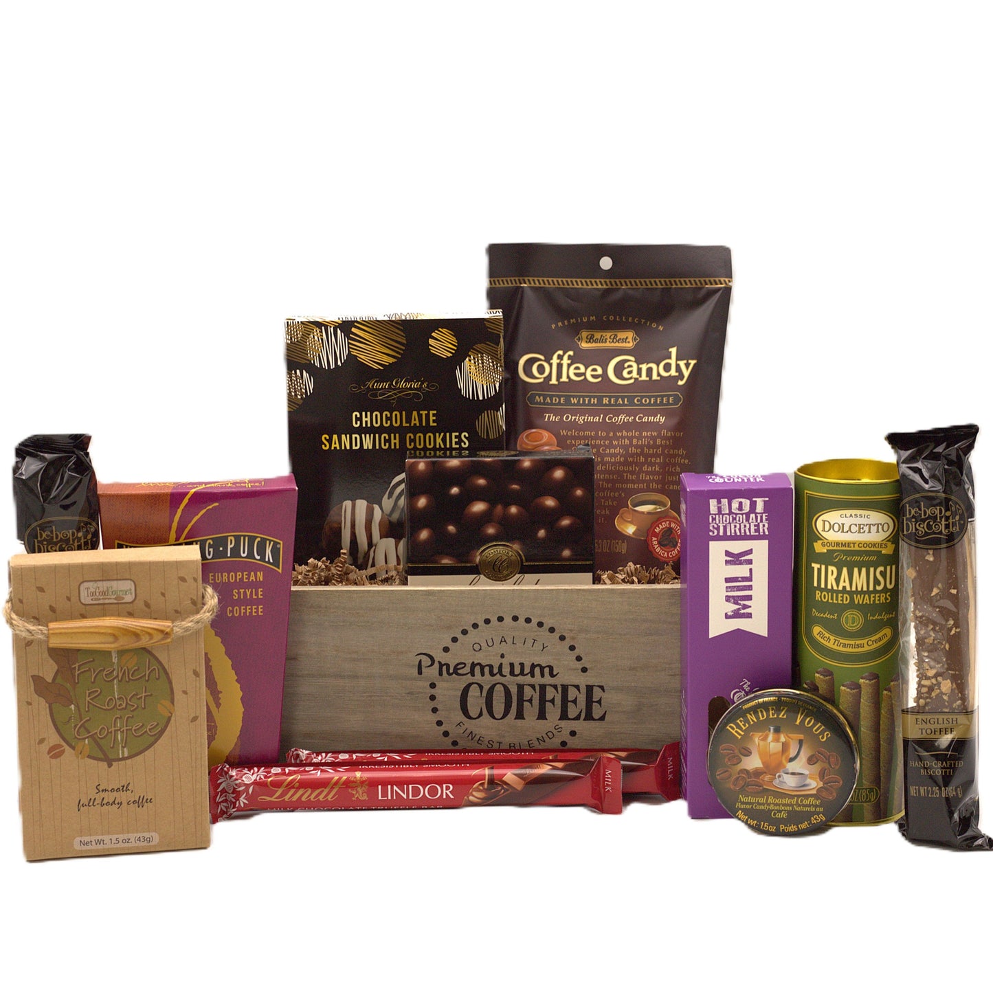 Coffee gift basket with assorted treats: chocolate, tiramisu wafers, and coffee packets