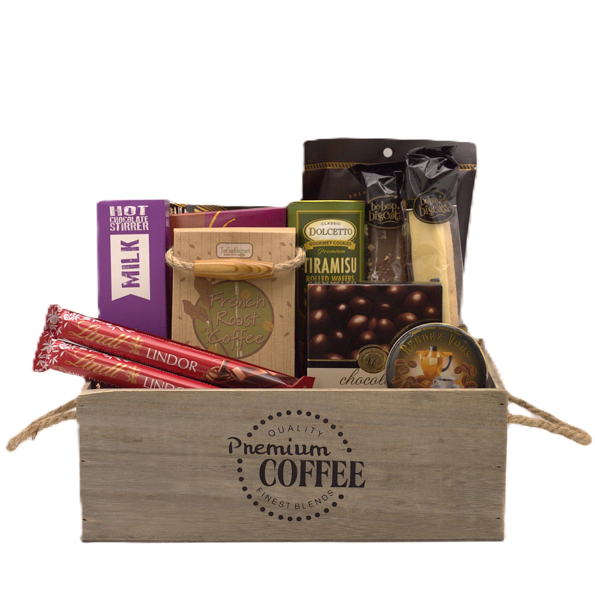 Coffee gift basket with hot chocolate stirrer, tiramisu wafers, Lindor chocolate, and coffee tin