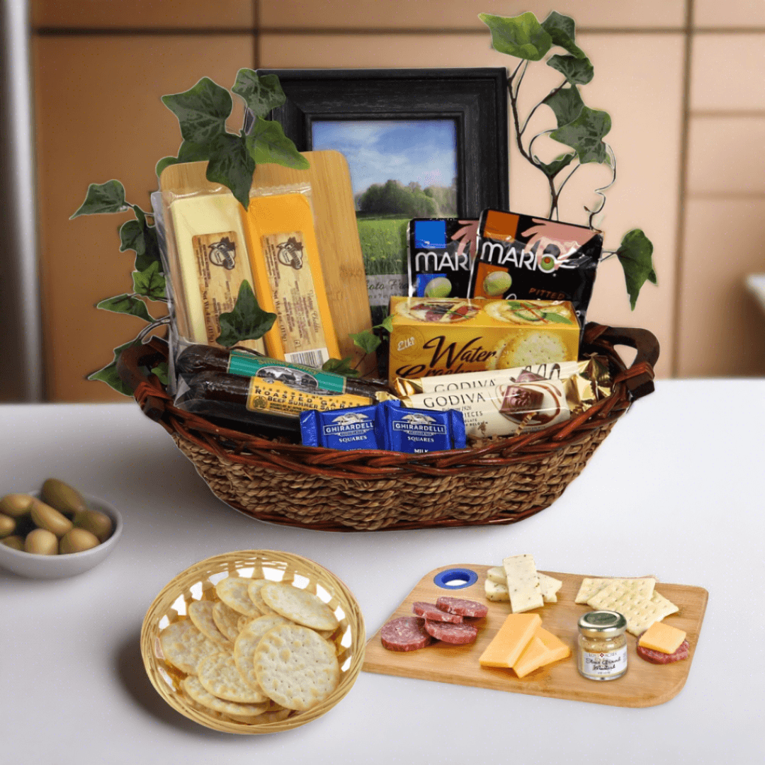 Sympathy gift basket in wicker tray with crackers, chocolate, olives and photo frame