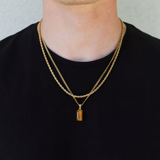 Gold tiger eye pendant necklace set with two layered chains and rectangular stone charm