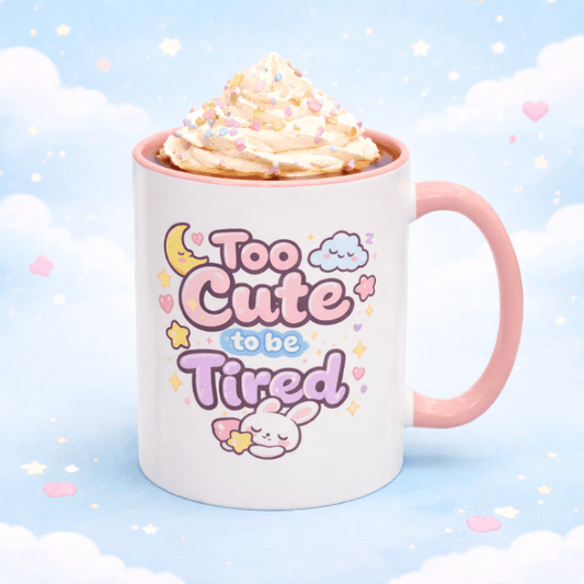 Kawaii bunny mug with pink rim and handle, cute sleepy graphic on front