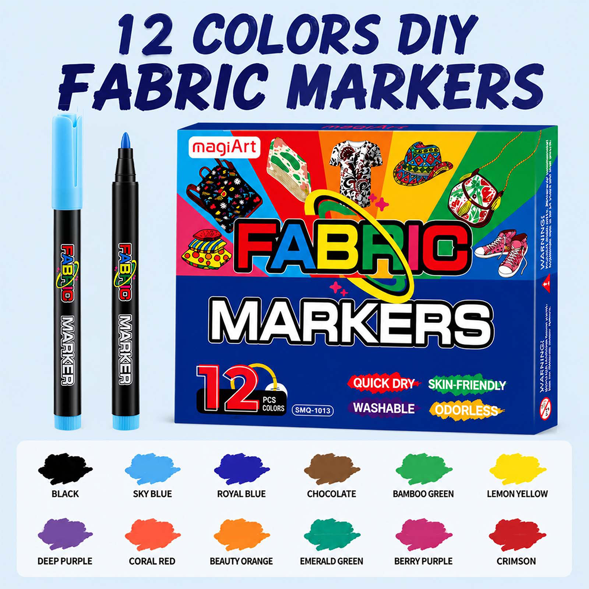Box of 12 fabric markers for drawing and coloring the butterfly blanket