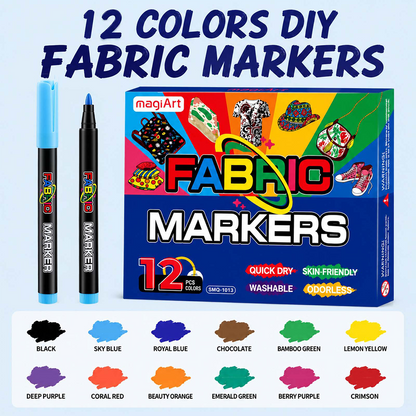 12-color fabric markers box with marker bottles in assorted colors for coloring on fabric