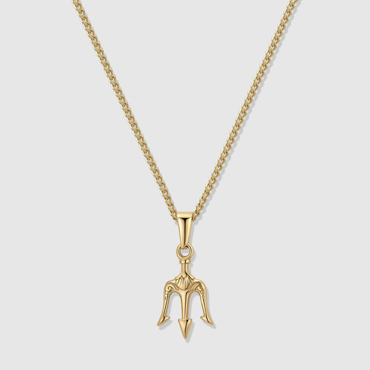 Gold curb chain necklace with trident pendant and loop bail