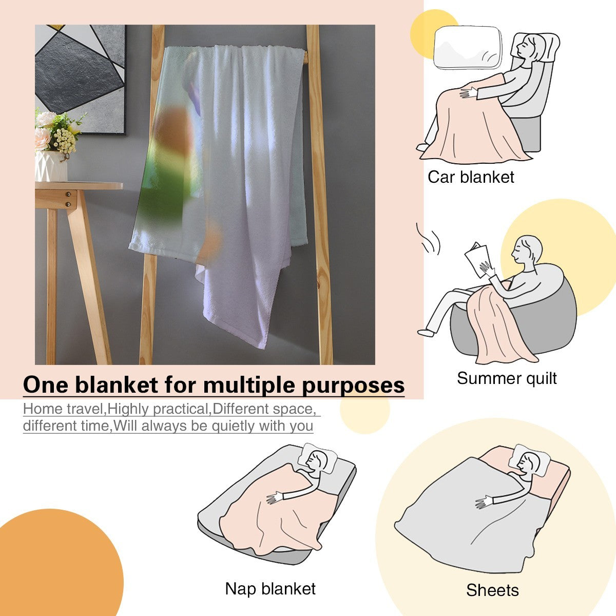 Light blue blanket with cartoon avocado print, shown with folded fabric edge