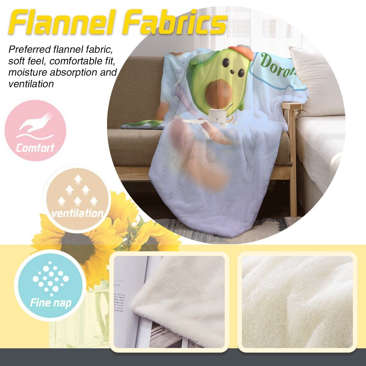 Light blue flannel blanket featuring a cartoon avocado character and soft nap texture