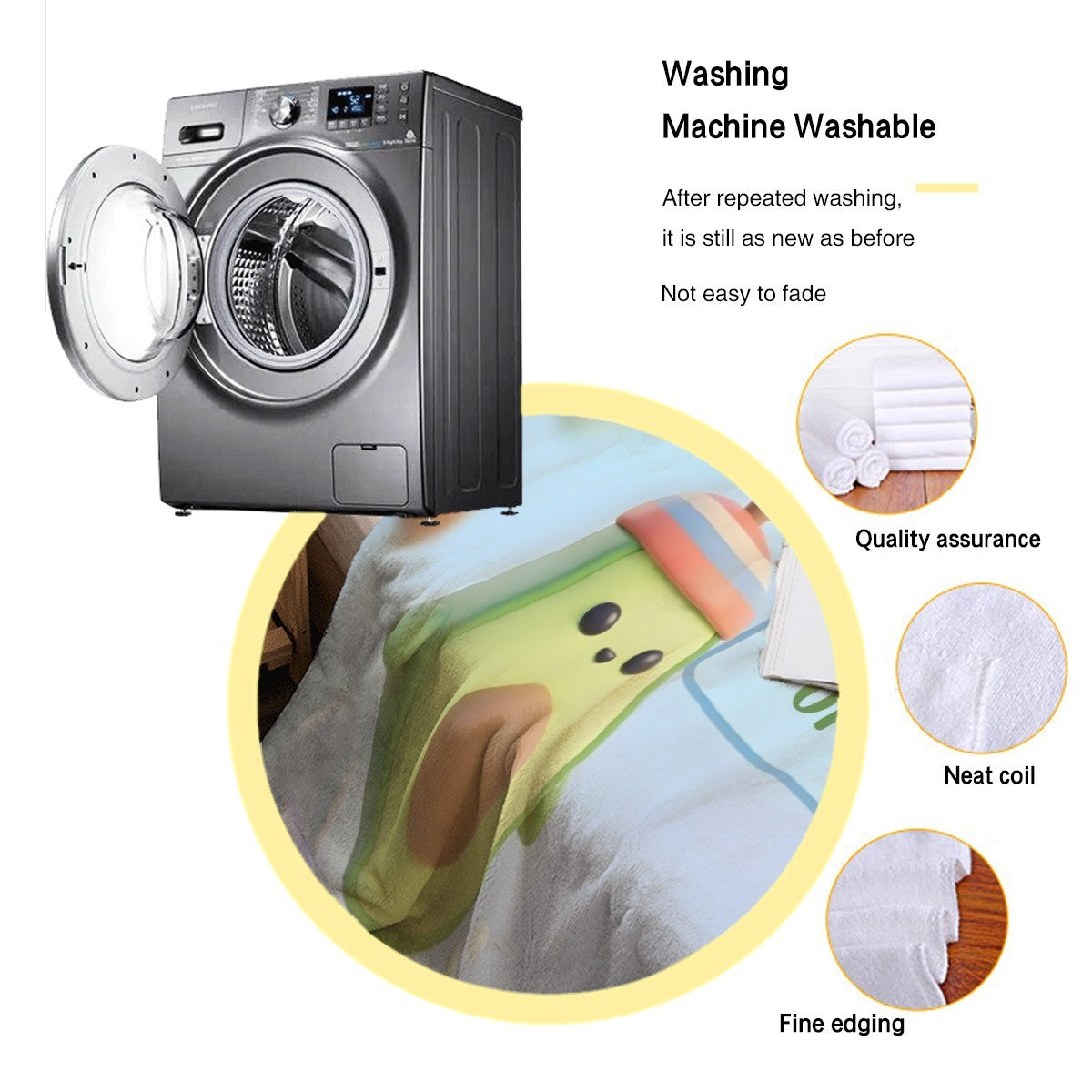 Light blue avocado cartoon blanket folded in frame beside washing machine