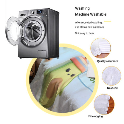 Light blue avocado cartoon blanket folded in frame beside washing machine