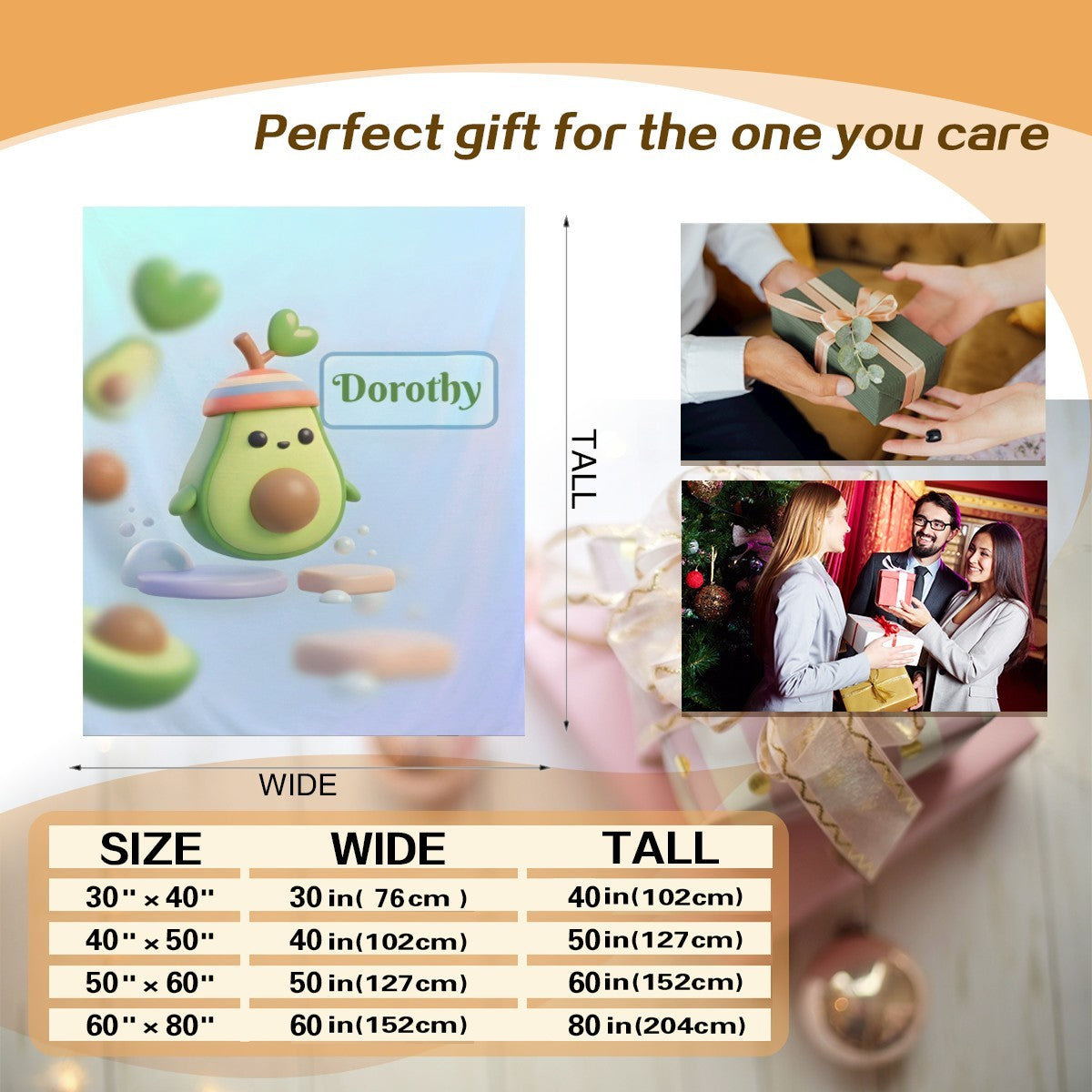 Light blue avocado-themed blanket with Dorothy character panel and width sizing chart