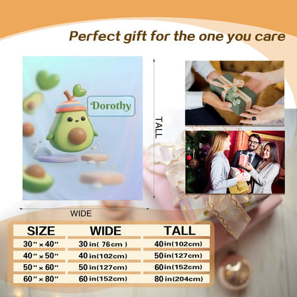 Light blue avocado-themed blanket with Dorothy character panel and width sizing chart