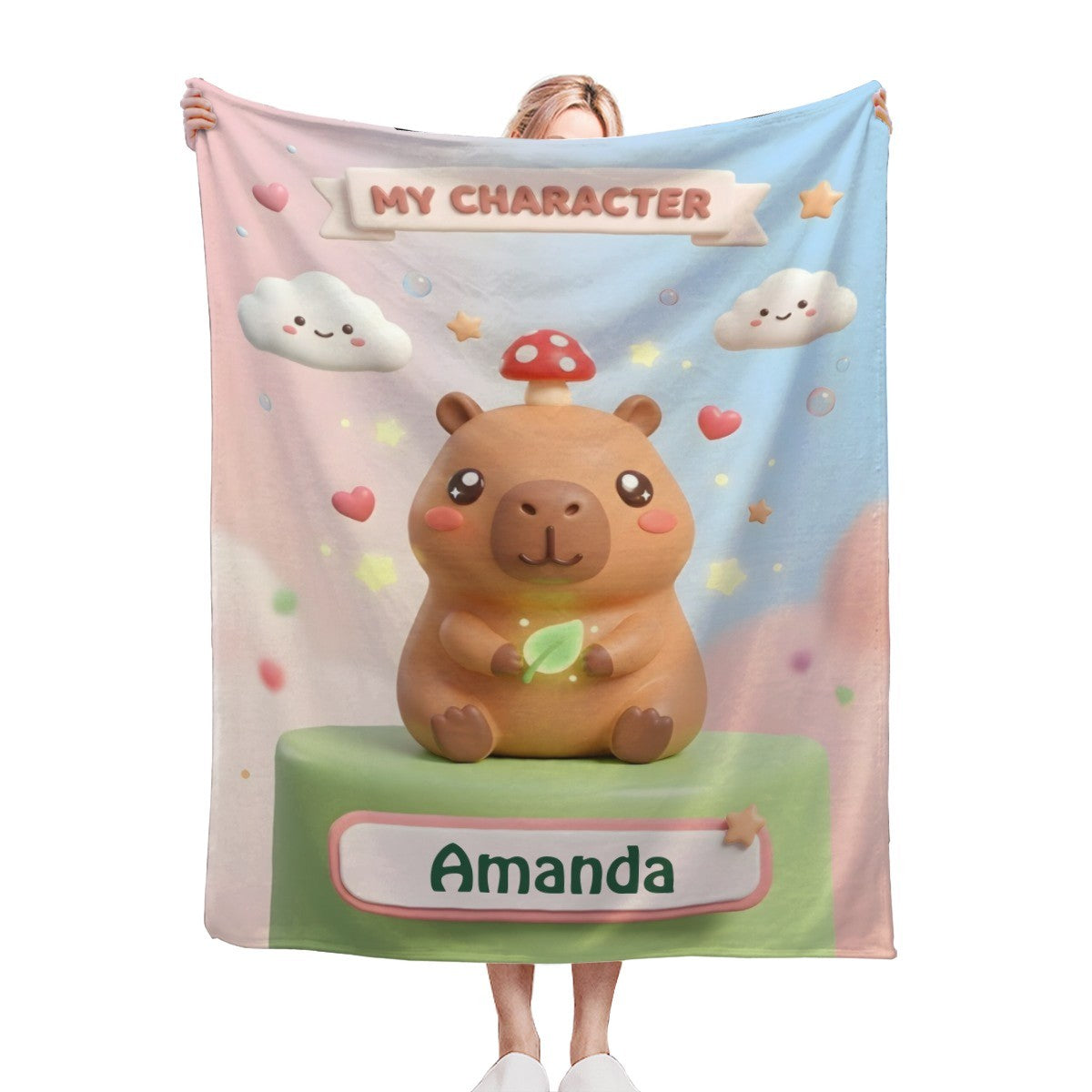 Capybara character blanket with bear graphic and Amanda name label
