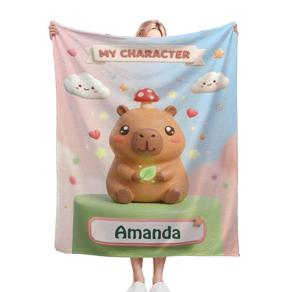 Capybara character blanket with bear graphic and Amanda name label