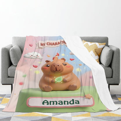 Capybara character blanket, blue-pink gradient with Amanda name and heart stars