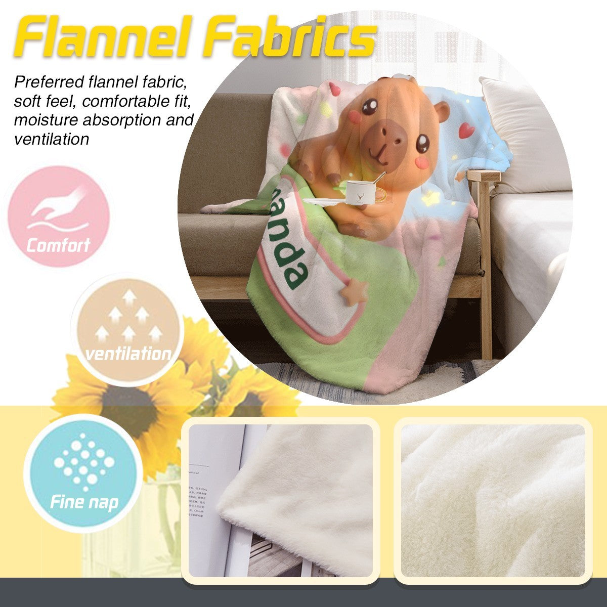 Flannel capybara character blanket close-up, with Amanda label and pastel hearts