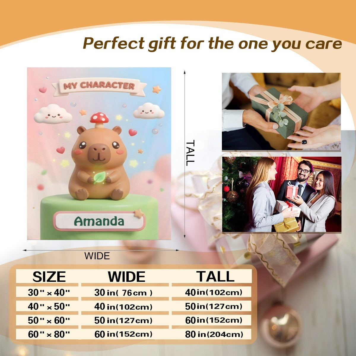 Capybara character blanket gift view with Amanda label and size diagram
